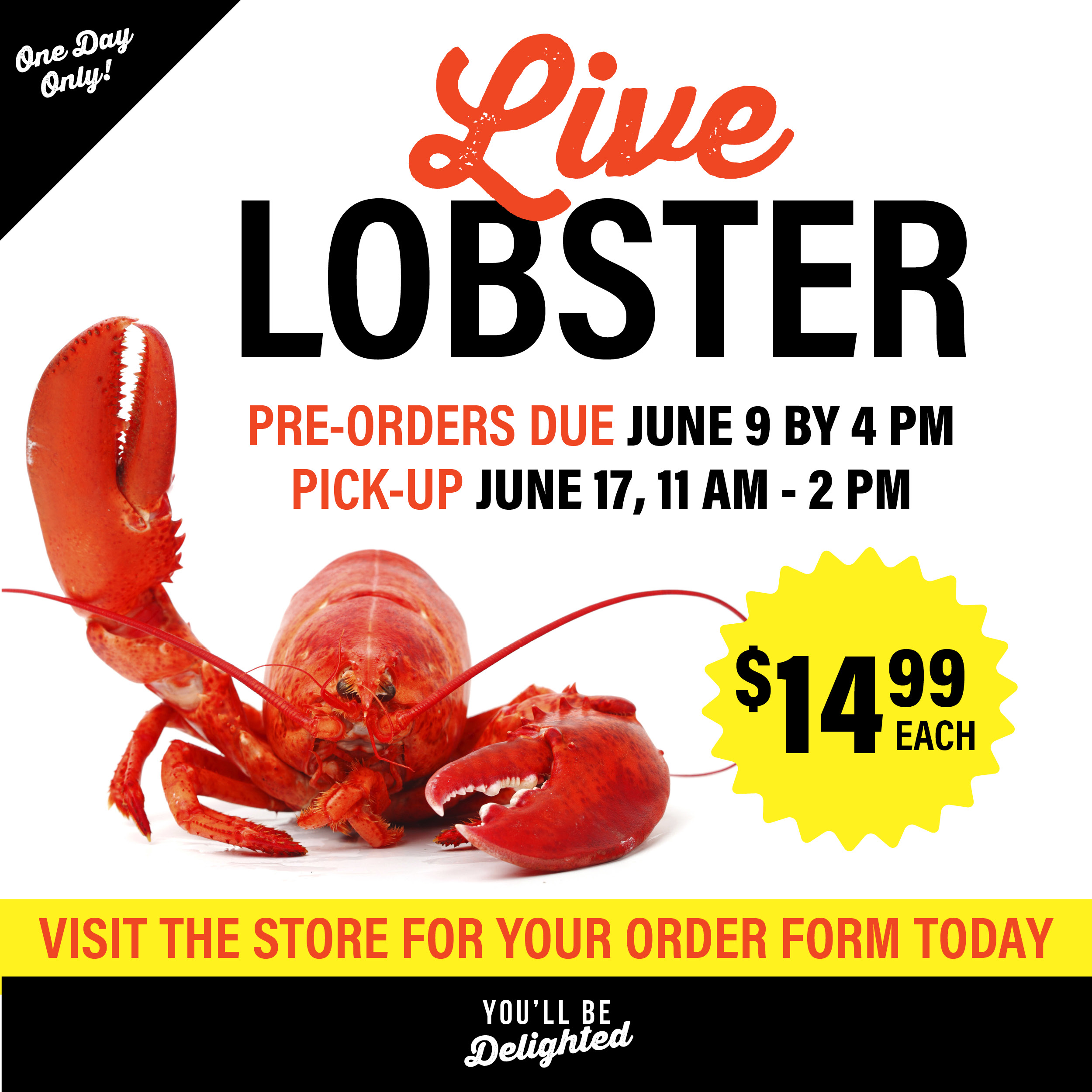 Live Lobster! Pre-orders due June 9th by 4pm. Pock-up June 17, 11am-2pm. $14.99 each, visit the store for your order form today!